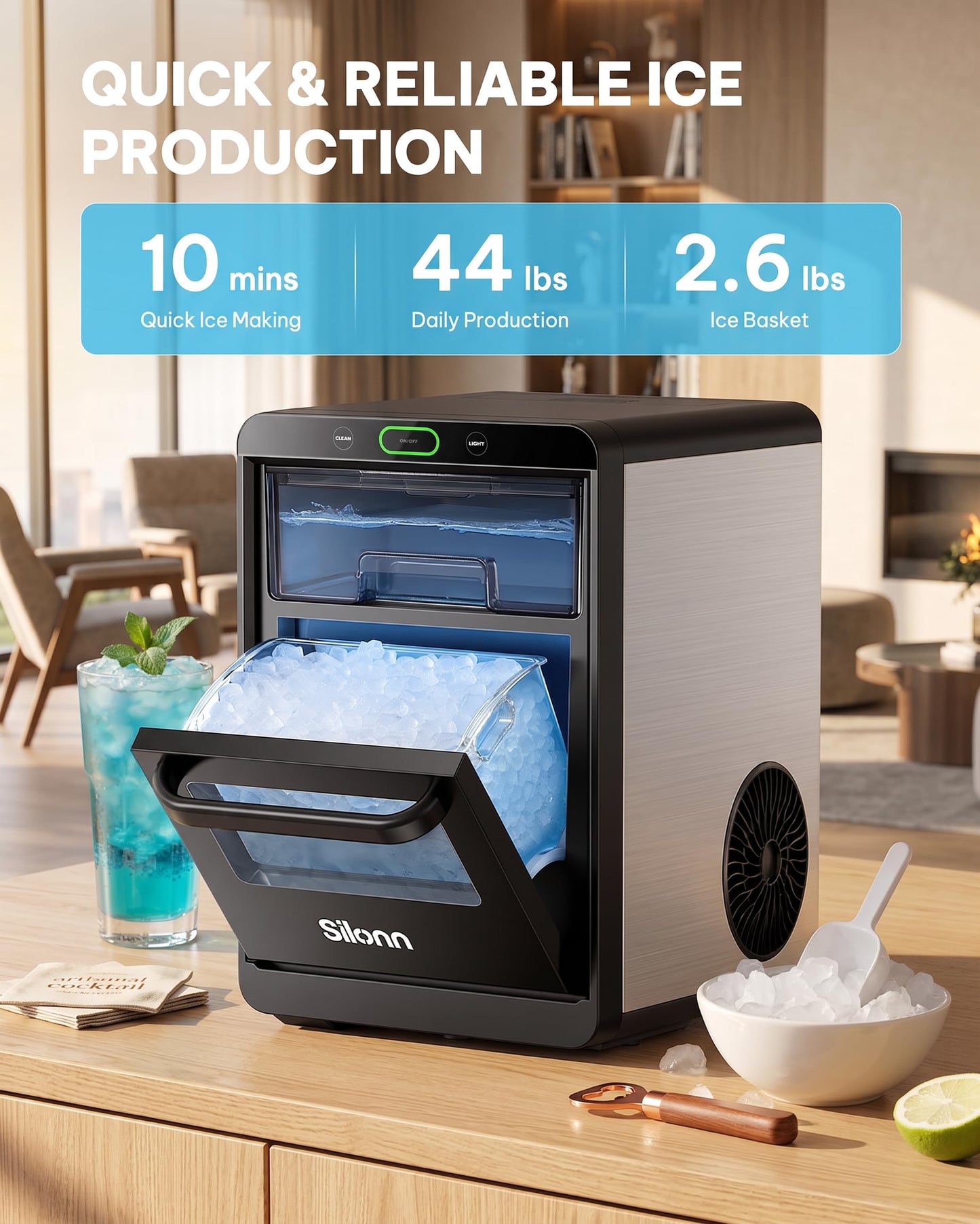 Silonn Ice Maker Countertop, Portable Ice Machine with Carry Handle, Self-Cleaning Ice Makers with Basket and Scoop, 9 Cubes in 6 Mins, 26 lbs per Day, Ideal for Home, Kitchen, Camping, RV