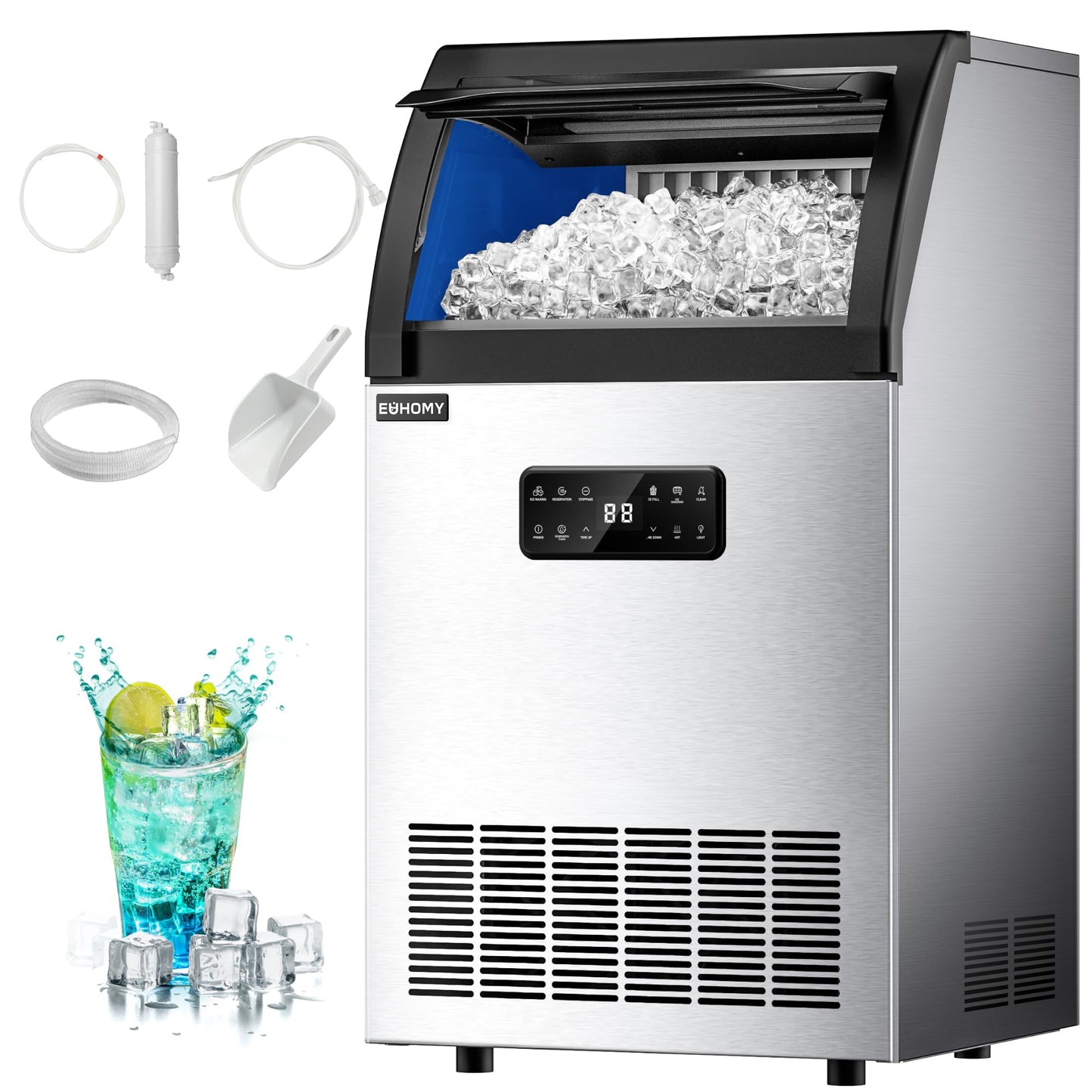 EUHOMY Commercial Ice Maker Machine, 100lbs/24H Stainless Steel Under Counter ice Machine with 33lbs Ice Storage Capacity, Freestanding Ice Maker.