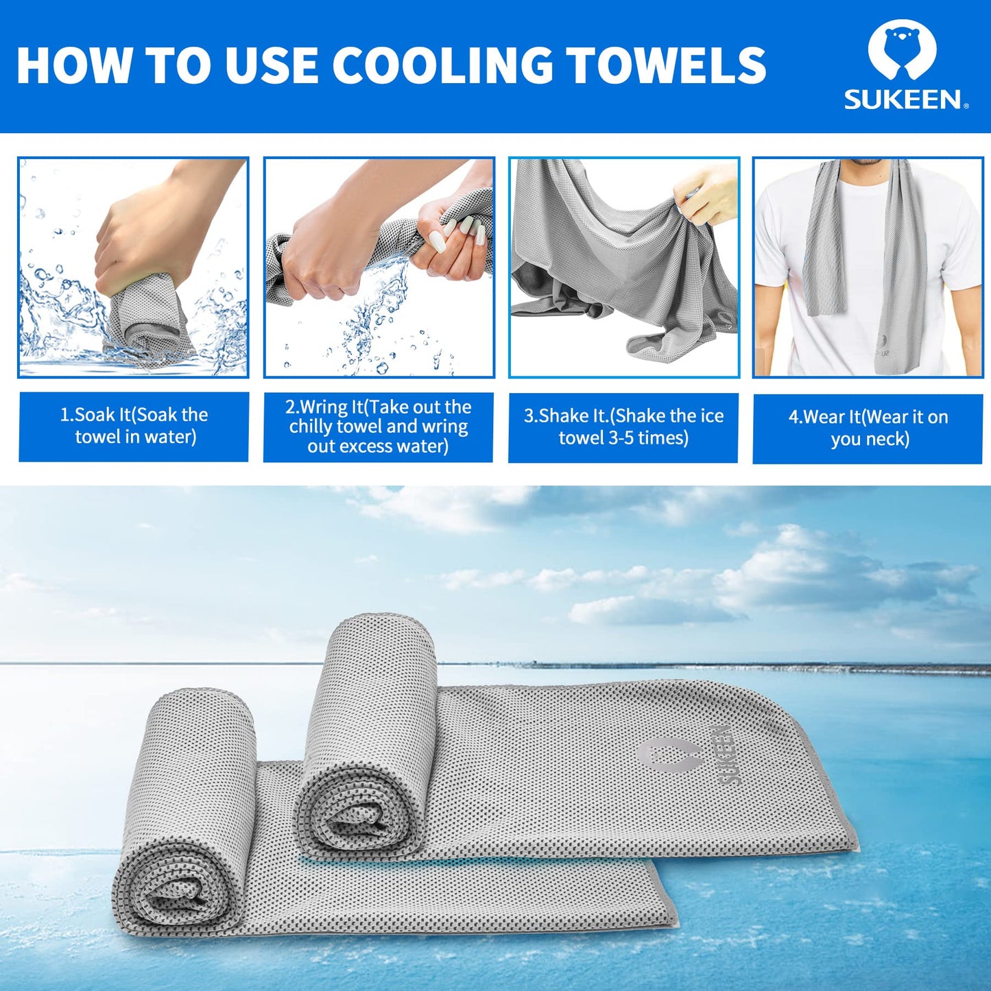 Sukeen [4 Pack Cooling Towel (40"x12"), Soft Breathable Chilly Microfiber Towel for Yoga,Sport,Running,Gym,Workout,Camping,Fitness,Workout & More Activities