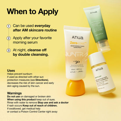 Anua, Zero-Cast Moisturizing Sunscreen SPF 50, Glow Natural Sunscreen for face, No White Cast, Hyaluronic Acid, Niacinamide, Oil-Free, Korean Skincare, 1.69 fl oz