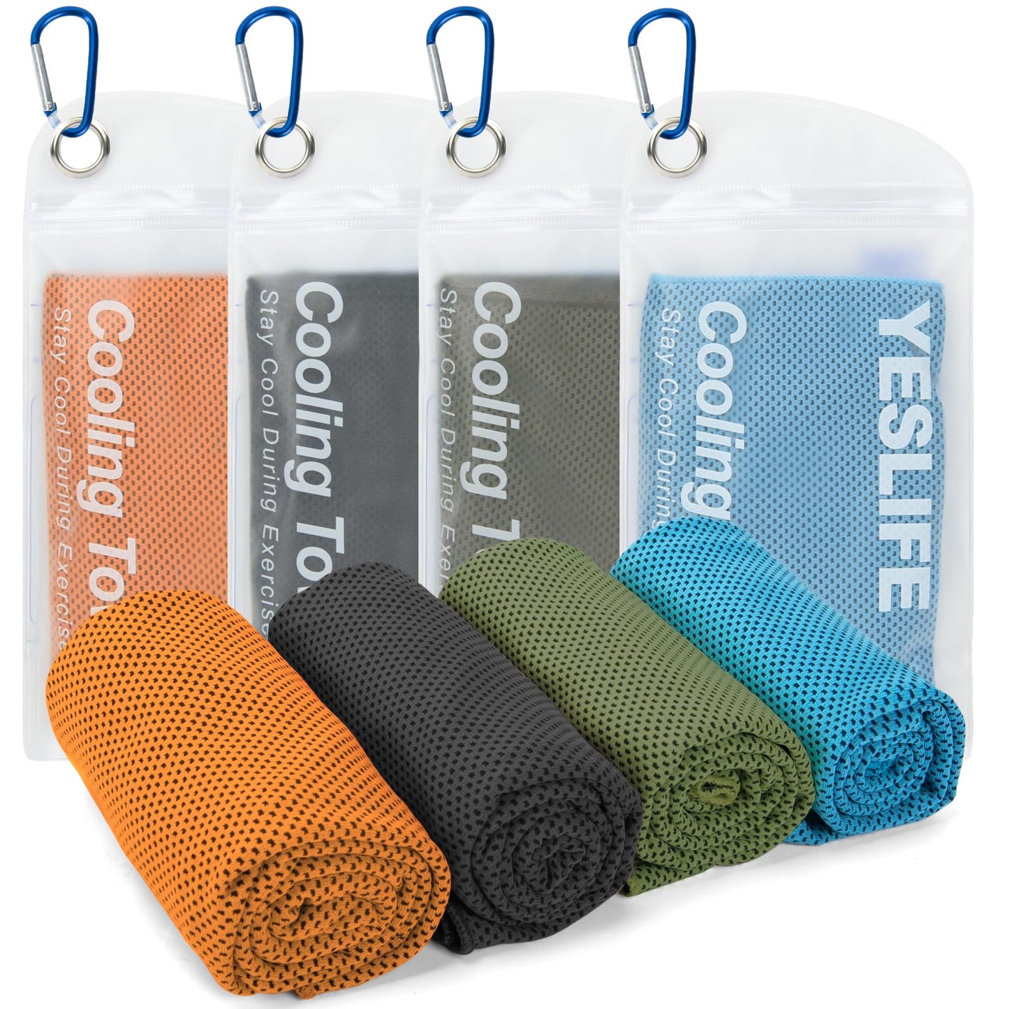 YESLIFE 4 Pack Cooling Towels (40"x12"), Gym Sweat Towels, Cooling Neck Wraps, Soft Breathable Microfiber Towels for Yoga, Running, Sport, Workout, Camping & More (Multicolor)