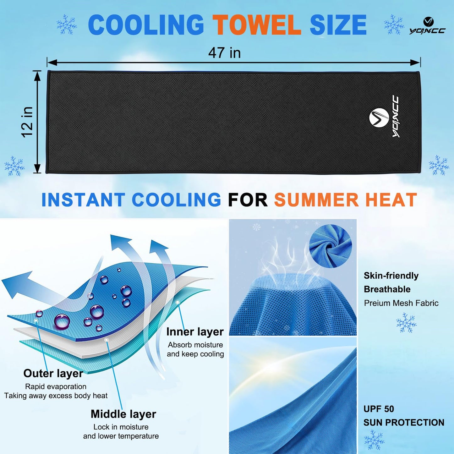 YQXCC 4 Pack Cooling Towels (47"x12"), Ice Cool Neck Towel, Soft Breathable Microfiber for Yoga, Golf, Gym, Running, Camping & Hot Weather