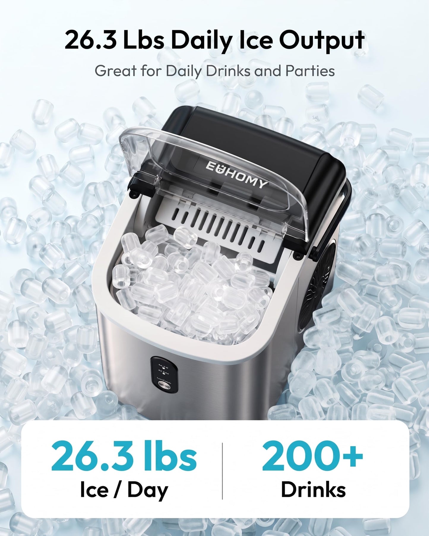 EUHOMY Ice Maker Countertop, Portable Ice Machine with Carry Handle, 26.5lbs Per Day, 9 Cubes in 6 Mins, Auto-Cleaning, with Basket and Scoop, for Home, Kitchen, Camping, RV (Silver)