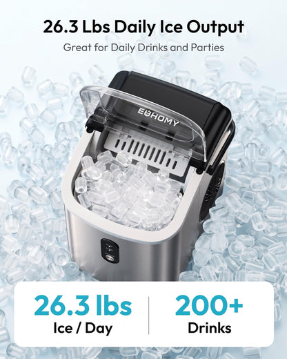 EUHOMY Ice Maker Countertop, Portable Ice Machine with Carry Handle, 26.5lbs Per Day, 9 Cubes in 6 Mins, Auto-Cleaning, with Basket and Scoop, for Home, Kitchen, Camping, RV (Silver)