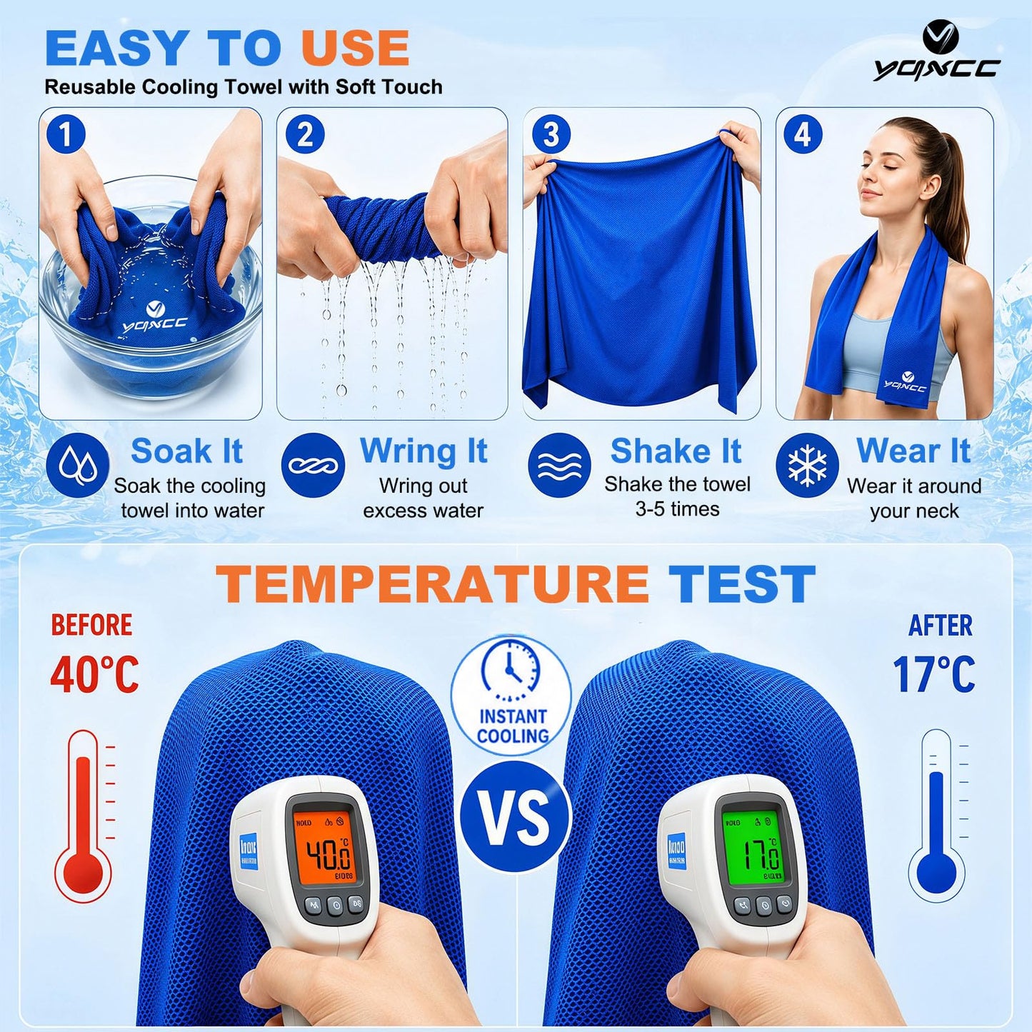 YQXCC 4 Pack Cooling Towels (40"x12"), Ice Cool Neck Towel, Soft Breathable Microfiber for Gym, Yoga, Golf, Running, Camping & All Hot Weather Activities