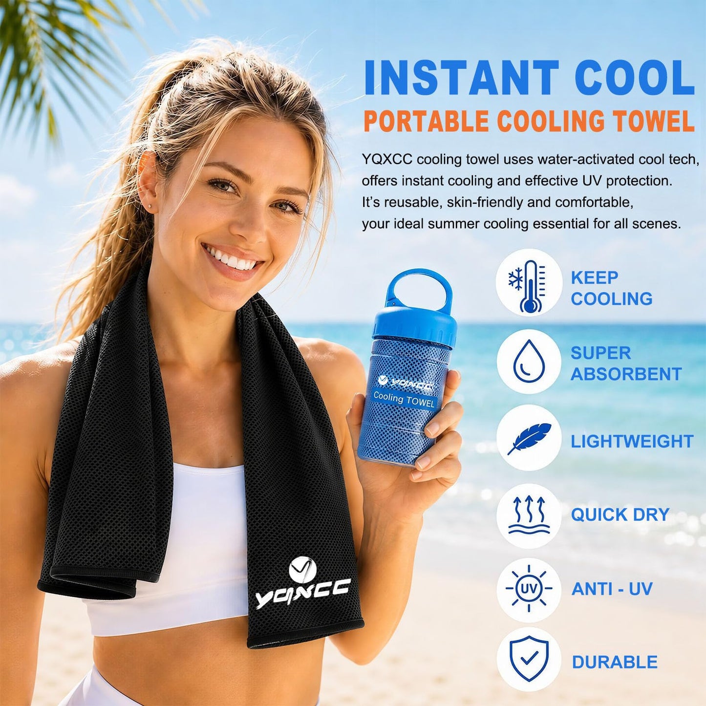YQXCC 2 Pack Cooling Towels (47"x12"), Ice Cool Neck Towel, Soft Breathable Microfiber for Yoga, Golf, Gym, Running, Camping & Hot Weather