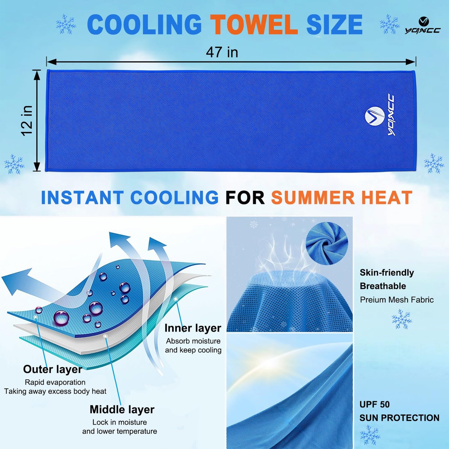 YQXCC 4 Pack Cooling Towels (47"x12"), Ice Cool Neck Towel, Soft Breathable Microfiber for Yoga, Golf, Gym, Running, Camping & Hot Weather