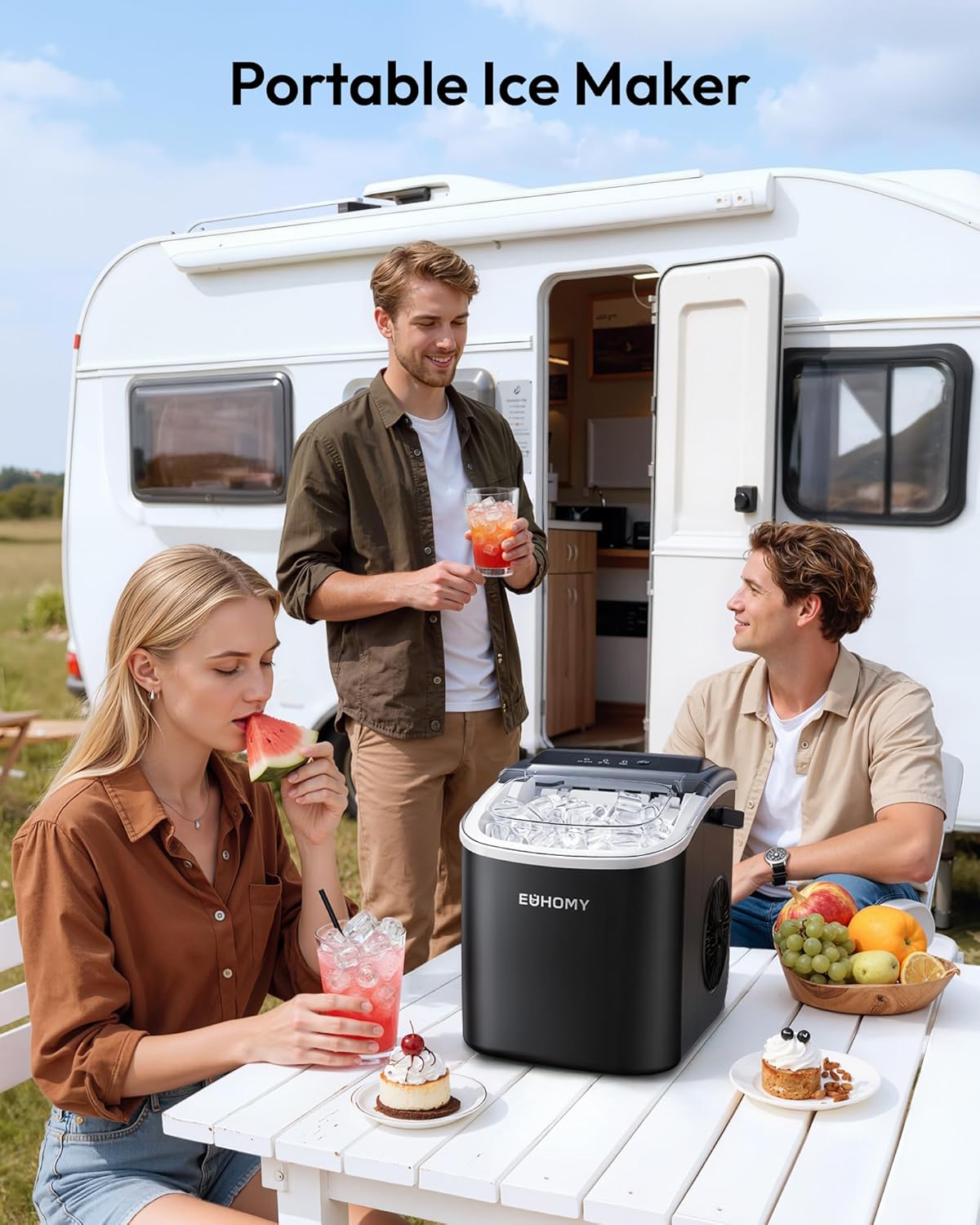 EUHOMY Countertop Ice Maker Machine with Handle, 26.5lbs Per Day, 9 Ice Cubes Ready in 6 Mins, Auto-Cleaning Portable Ice Maker with Basket and Scoop, for Home/Kitchen/Camping/RV (Black)