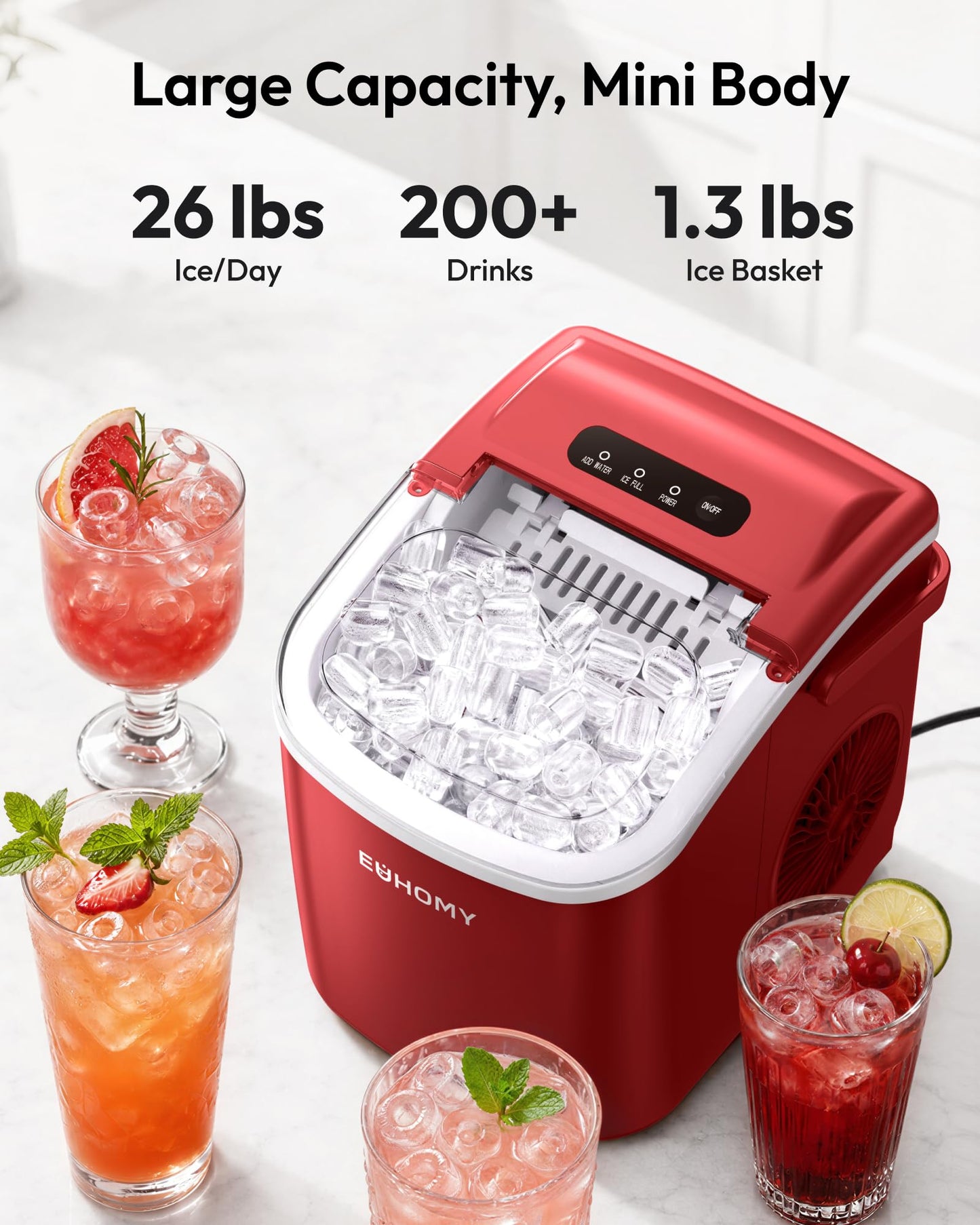 EUHOMY Countertop Ice Maker Machine with Handle, 26lbs Per Day, 9 Ice Cubes Ready in 6 Mins, Auto-Cleaning Portable Ice Maker with Basket and Scoop, for Home/Kitchen/Camping/RV (Purple)