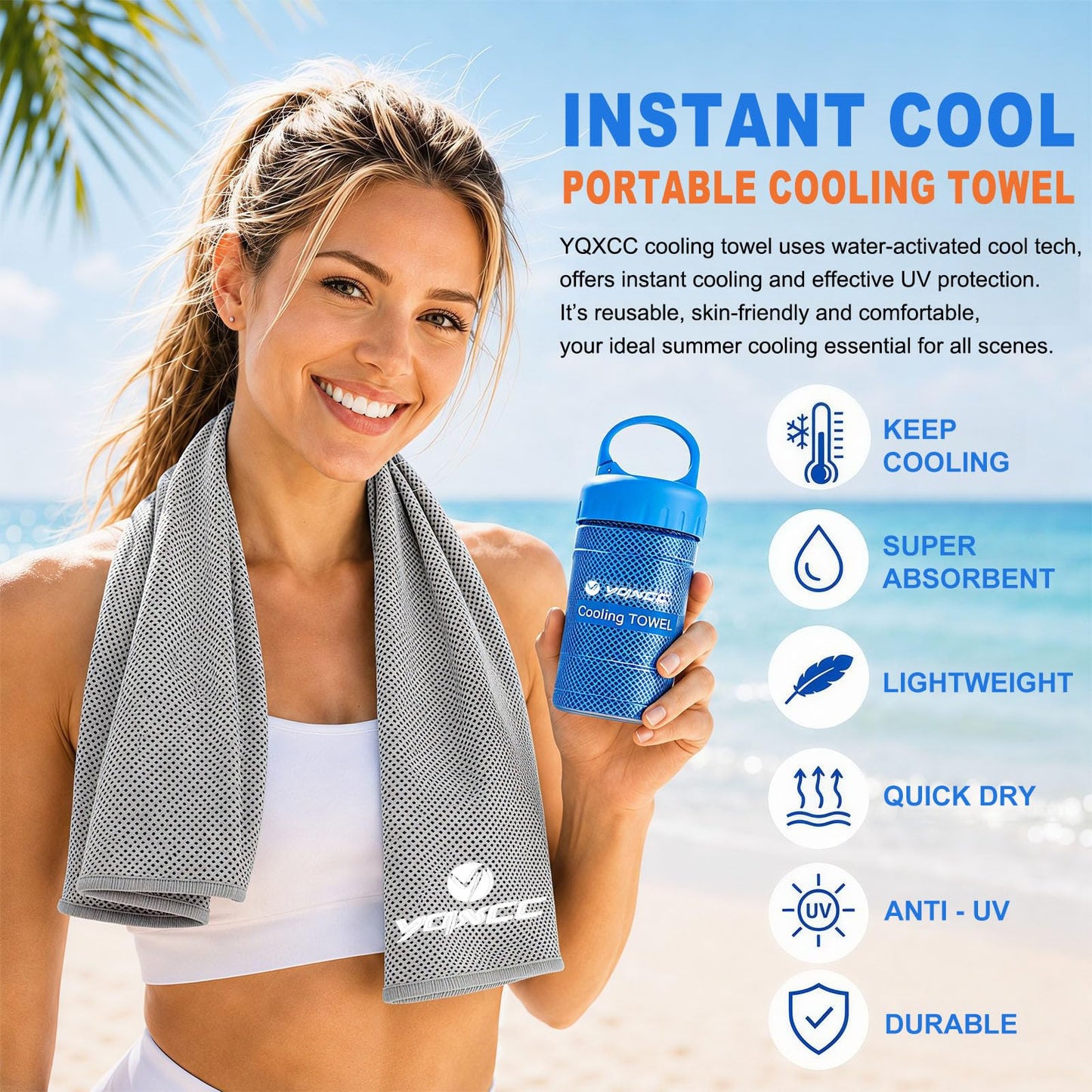 YQXCC 2 Pack Cooling Towels (47"x12"), Ice Cool Neck Towel, Soft Breathable Microfiber for Yoga, Golf, Gym, Running, Camping & Hot Weather