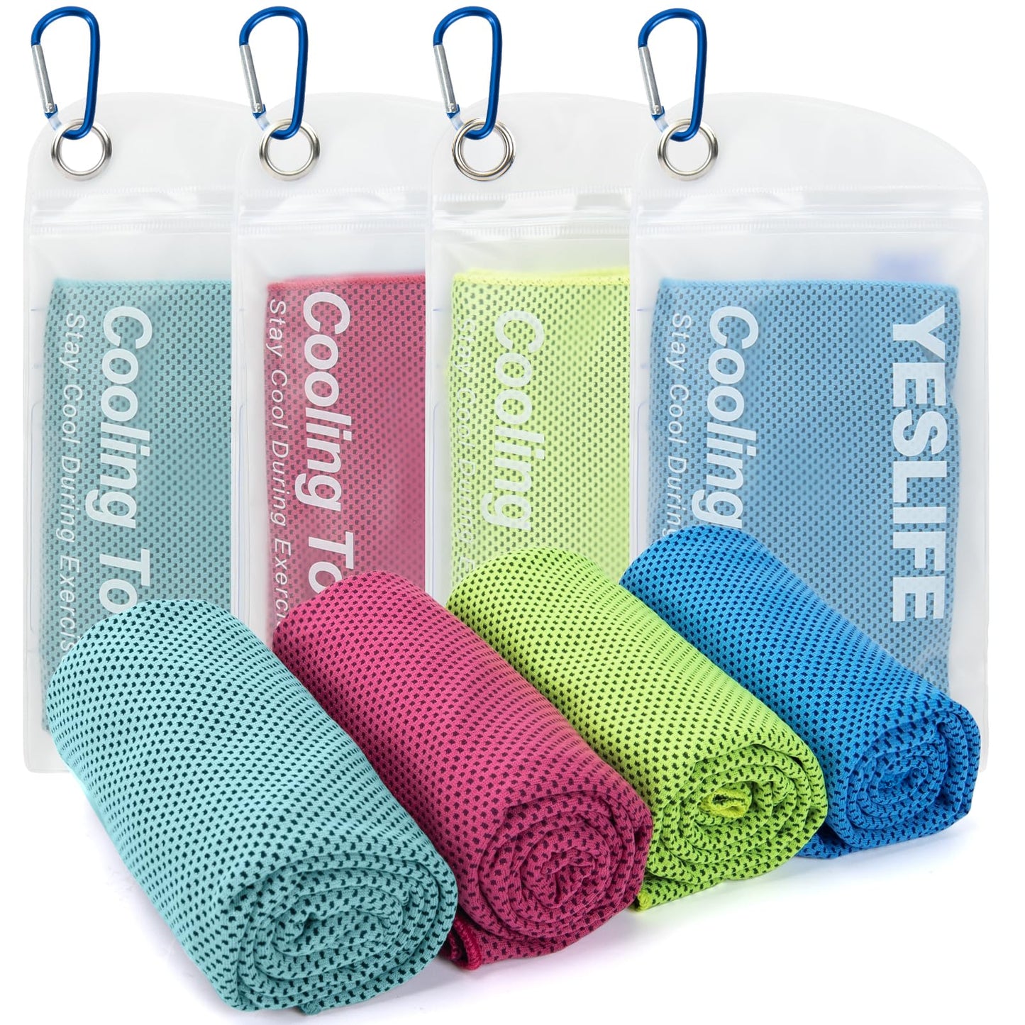 YESLIFE 4 Pack Cooling Towels (40"x12"), Gym Sweat Towels, Cooling Neck Wraps, Soft Breathable Microfiber Towels for Yoga, Running, Sport, Workout, Camping & More (Multicolor)