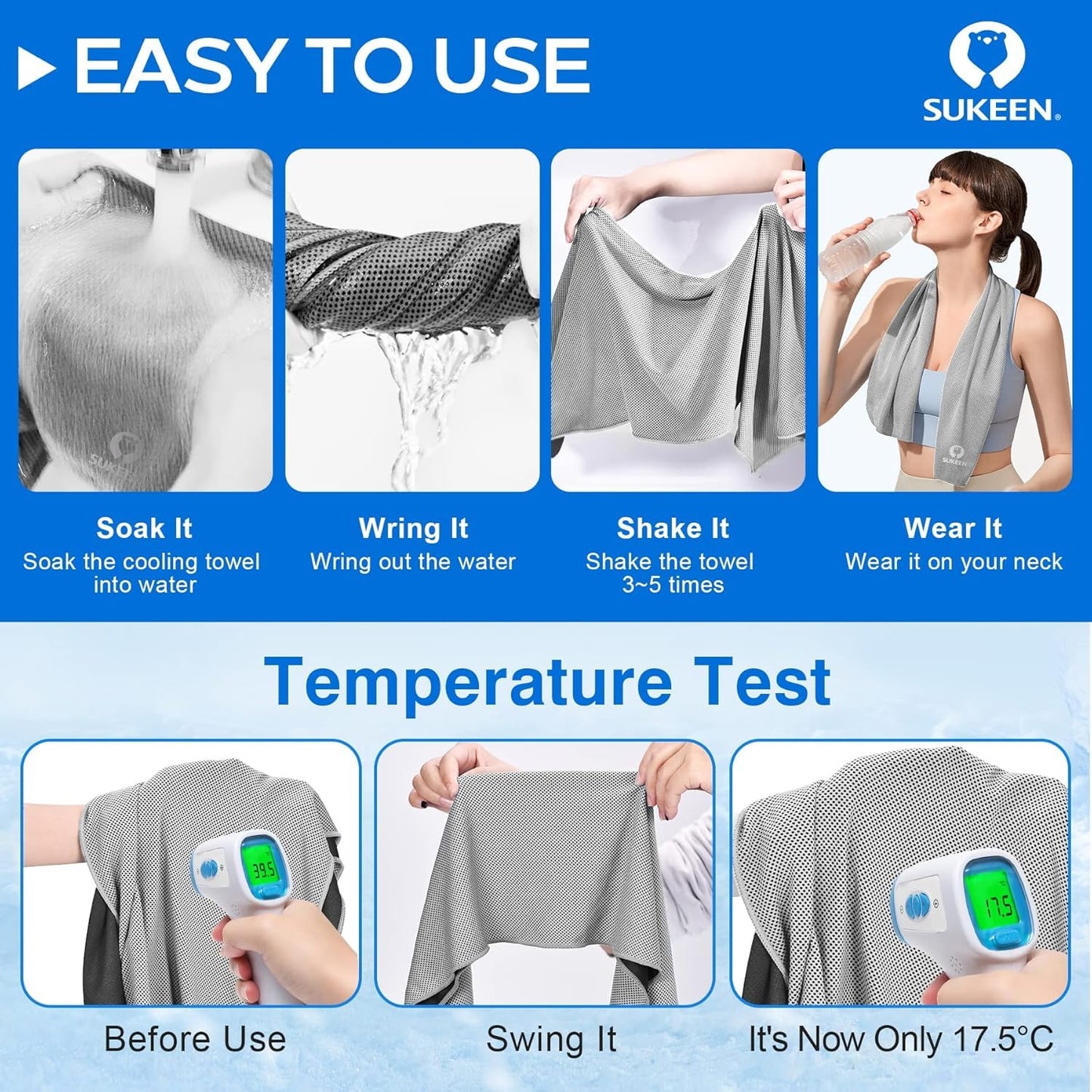 Sukeen 8 Pack Cooling Towels (40"x12"), Cooling Towels for Neck and Face, Microfiber Soft Breathable Chilly Ice Towel, Sweat Towel for Gym, Yoga, Sports, Golf, Camping, Running, Fitness, Workout