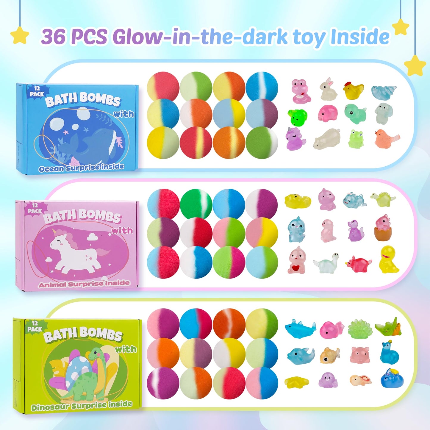 Bath Bombs for Kids, 12 Pcs Bath Bombs with Glow in The Dark Ocean Surprise Inside, Handmade Organic Bubble Bath Ball Gift Set for Boys and Girls, Gift for Birthday Christmas Easter