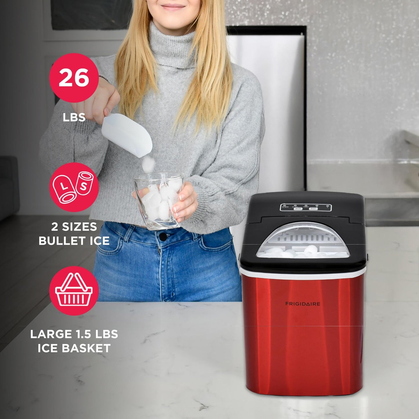 Frigidaire Countertop Portable, 26 lb per Day Bullet Ice Maker Machine (Black Stainless Steel)