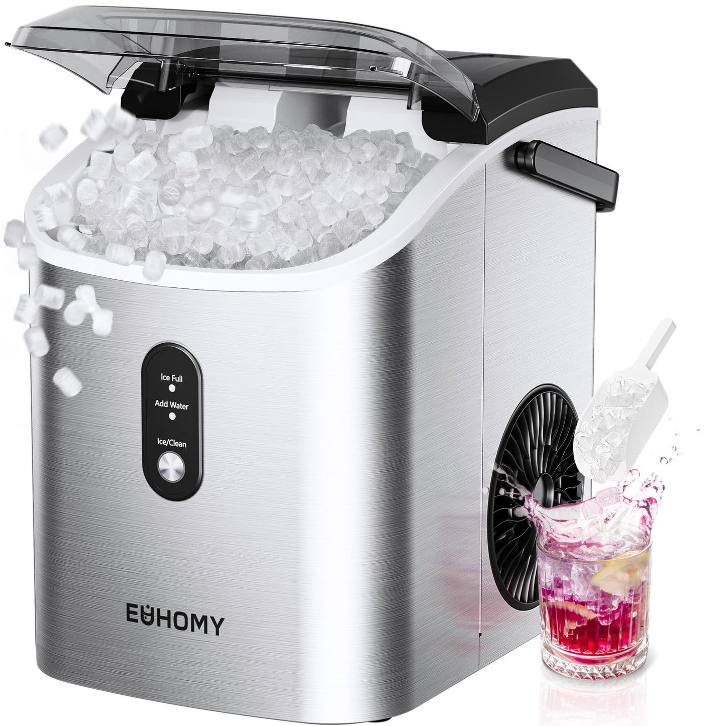EUHOMY Nugget Ice Maker Countertop with Handle, Ready in 6 Mins, 34lbs Per Day, Removable Top Cover, Auto-Cleaning, Portable Sonic Ice Maker with Basket and Scoop, for Home/Party/RV/Camping (Black)