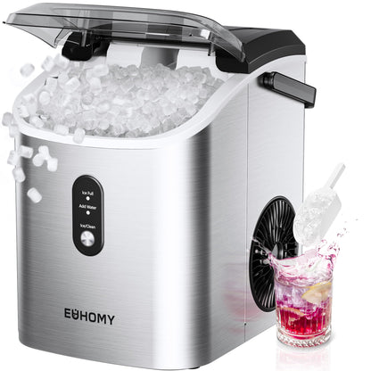 EUHOMY Nugget Ice Maker Countertop with Handle, Ready in 6 Mins, 34lbs Per Day, Removable Top Cover, Auto-Cleaning, Portable Sonic Ice Maker with Basket and Scoop, for Home/Party/RV/Camping (Black)