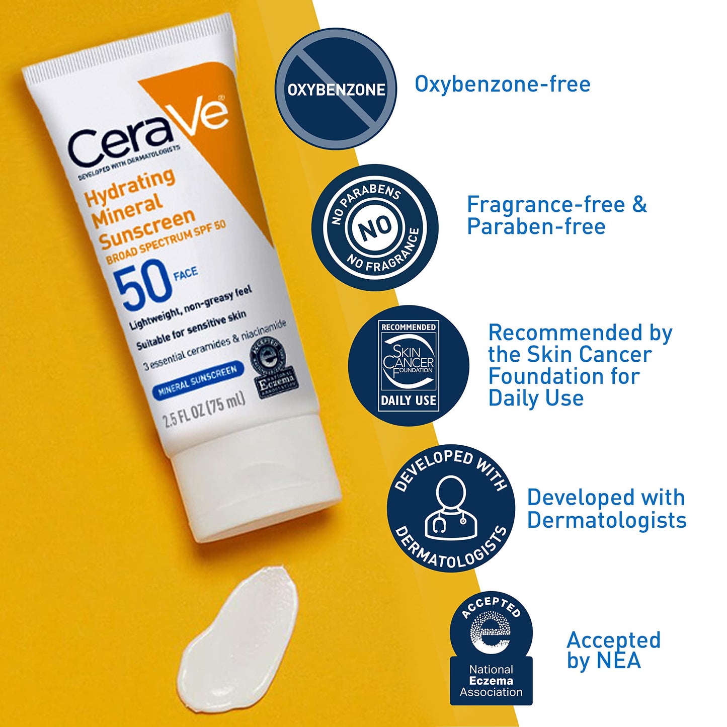 CeraVe 100% Mineral Sunscreen SPF 50 with Zinc Oxide & Titanium Dioxide, Hyaluronic Acid & Ceramides, Oil Free & Non-Greasy, Hydrating Mineral Sunscreen For Body, 5 oz