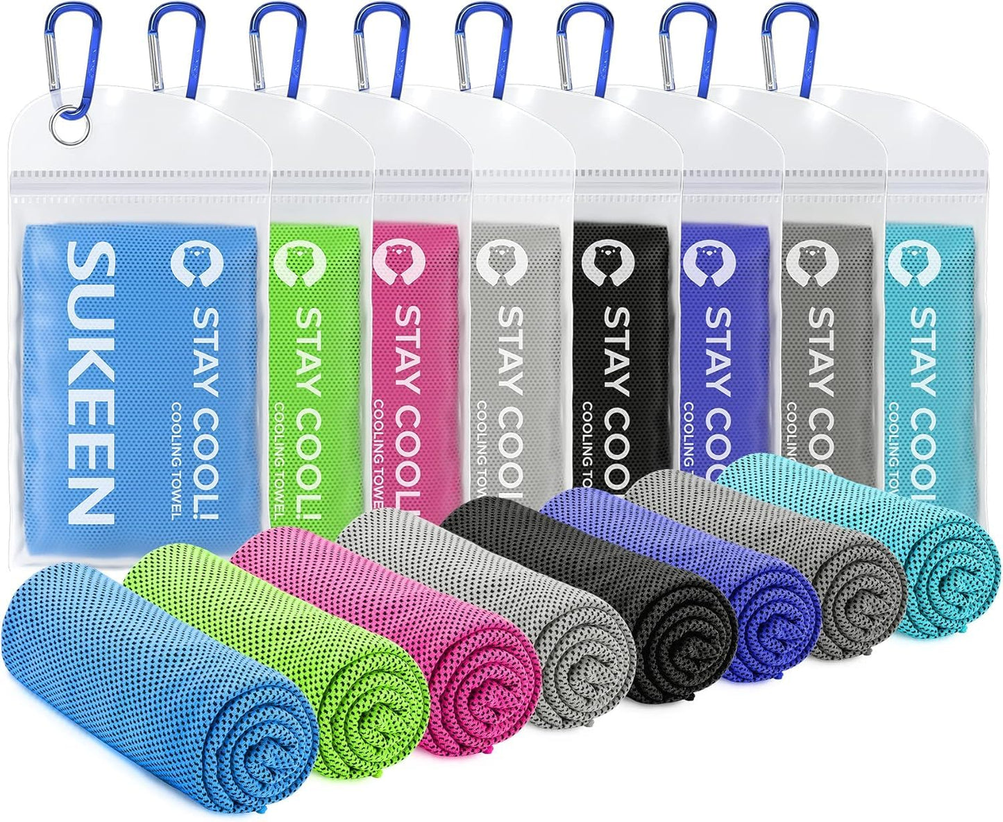 Sukeen 8 Pack Cooling Towels (40"x12"), Cooling Towels for Neck and Face, Microfiber Soft Breathable Chilly Ice Towel, Sweat Towel for Gym, Yoga, Sports, Golf, Camping, Running, Fitness, Workout