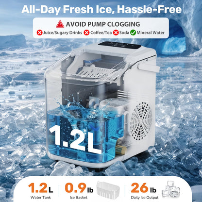 Sweetcrispy Countertop Ice Maker with Scoop, Basket and Handle, Portable Ice Machine 9 Cubes Ready in 6 Mins, 26.5lbs in 24Hrs, 2 Sizes for Home Kitchen Office Bar Party