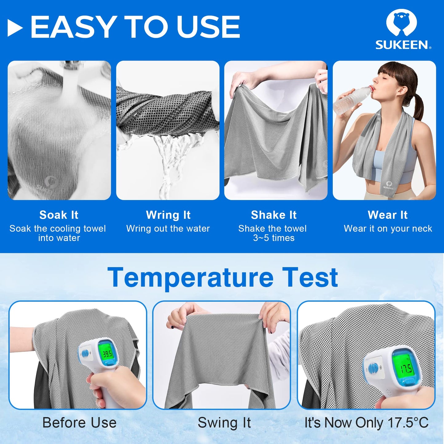 Sukeen 4 Pack Cooling Towels (40"x12"),Ice Towel,Soft Breathable Chilly Towel,Microfiber Towel for Yoga,Sport,Running,Gym,Workout,Camping,Fitness,Workout & More Activities
