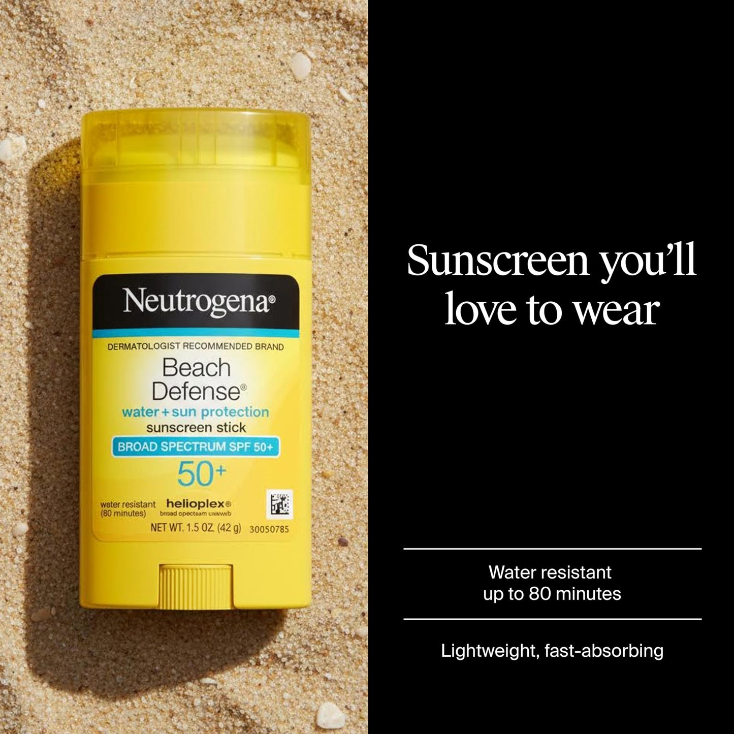 Neutrogena Beach Defense Sunscreen Stick SPF 50 Broad Spectrum UVA UVB Protection Lightweight Water Resistant up to 80 Minutes No-Mess Beach-Strength Sun Protection for Whole Family, 1.5 oz