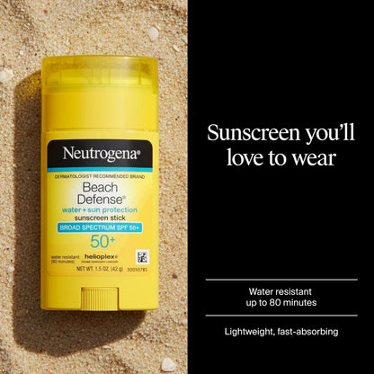 Neutrogena Beach Defense Sunscreen Stick SPF 50 Broad Spectrum UVA UVB Protection Lightweight Water Resistant up to 80 Minutes No-Mess Beach-Strength Sun Protection for Whole Family, 1.5 oz
