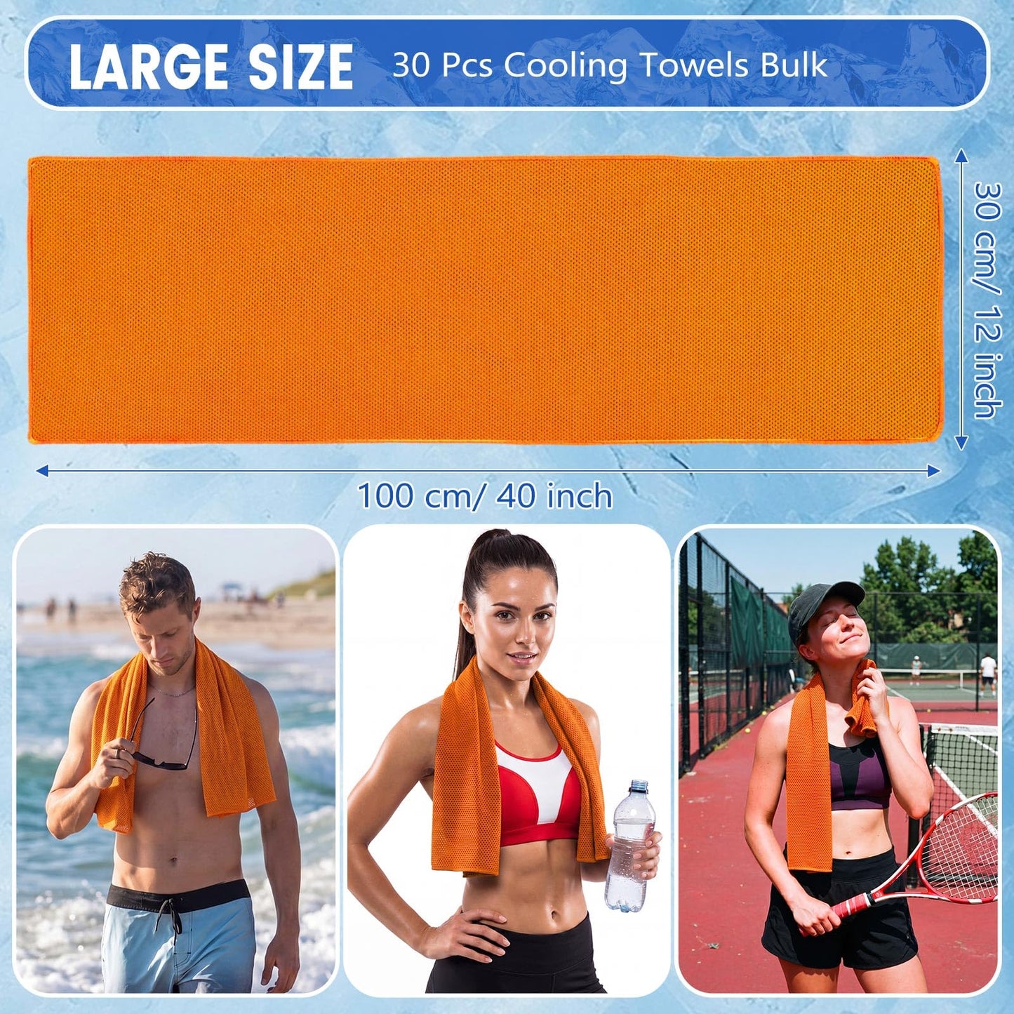 Hosuly 30 Pack Cooling Towels 40"x12" Cooling Neck Wraps Soft Breathable Chilly Towel Ice Towels Microfiber Workout Towel for Yoga Sport Running Workout Gym Camping Fitness Activities(Orange)