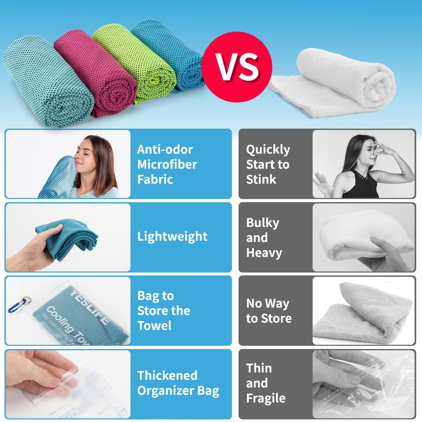 YESLIFE 4 Pack Cooling Towels (40"x12"), Gym Sweat Towels, Cooling Neck Wraps, Soft Breathable Microfiber Towels for Yoga, Running, Sport, Workout, Camping & More (Multicolor)