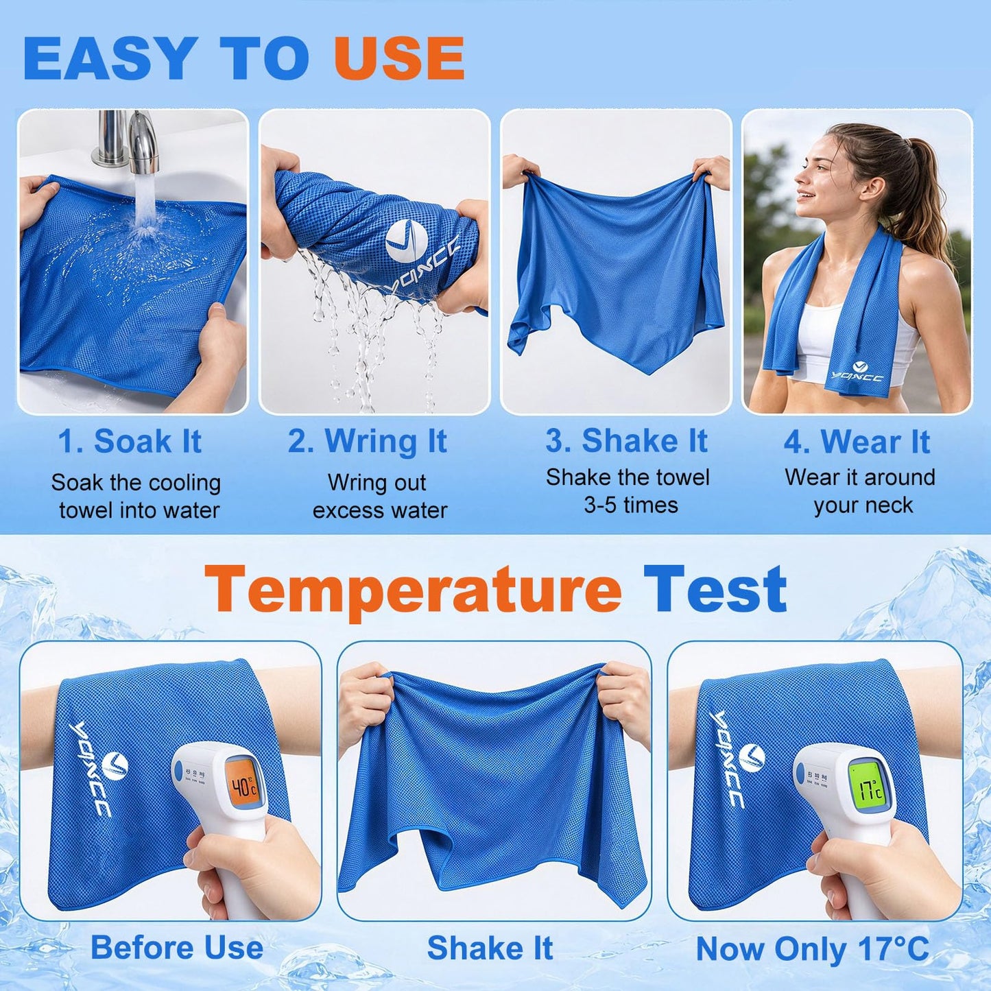 YQXCC 2 Pack Cooling Towels (47"x12"), Ice Cool Neck Towel, Soft Breathable Microfiber for Yoga, Golf, Gym, Running, Camping & Hot Weather
