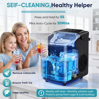 DUMOS Ice Maker Countertop, Ice Machine with Portable Handle, Basket and Scoop, 26lbs Daily, 9 Bullet Cubes in 6-8 Mins, Auto-Cleaning for Home, Kitchen, Office, Outdoors, RV Camping
