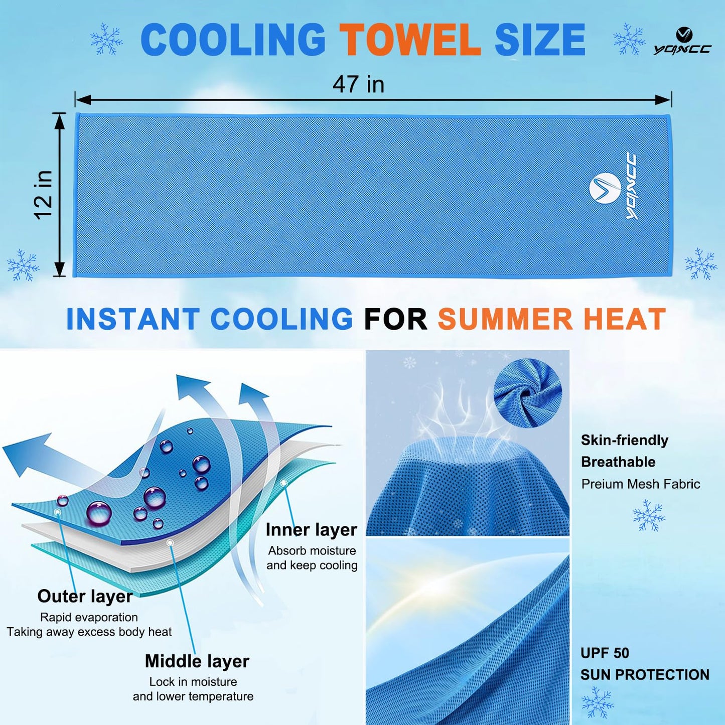YQXCC 4 Pack Cooling Towels (47"x12"), Ice Cool Neck Towel, Soft Breathable Microfiber for Yoga, Golf, Gym, Running, Camping & Hot Weather