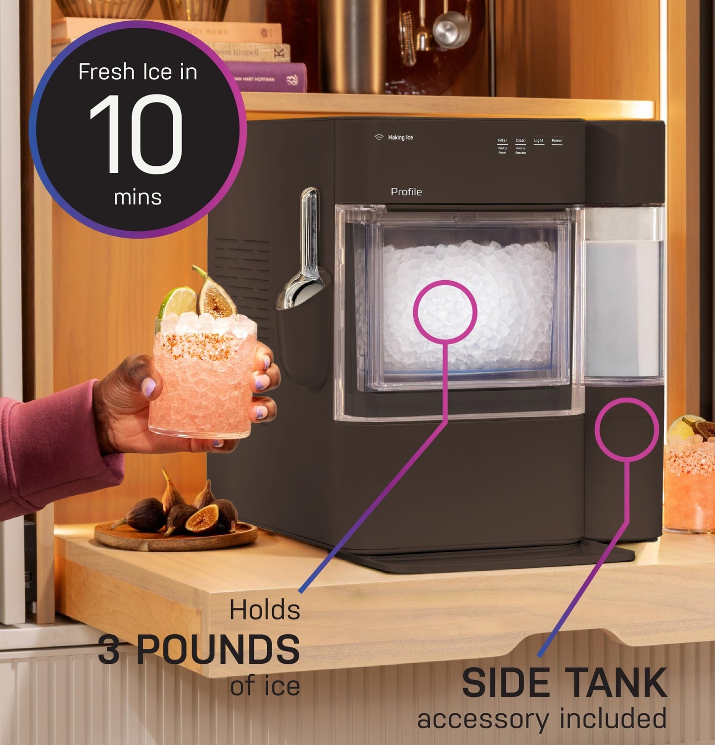 GE Profile Opal Ultra, Countertop Nugget Ice Maker, 1 Gal XL Side Tank, *Amazon Exclusive*, 38 lbs/Day, Pebble Pellet Crushed Ice Machine, WiFi Stainless Steel