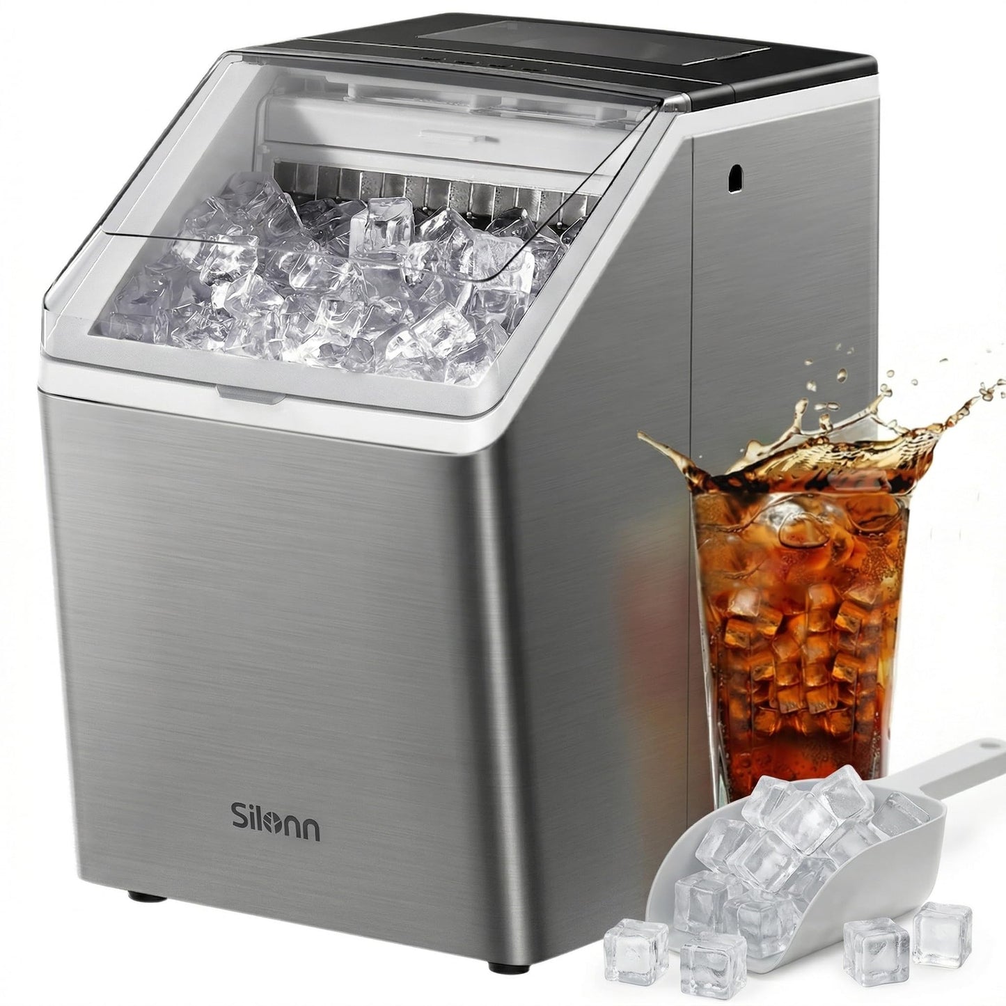 Silonn Ice Makers Countertop, 44lbs Per Day, 2 Ways to Add Water, Auto Self-Cleaning, Stainless Steel Ice Machine for Home Office Bar Party