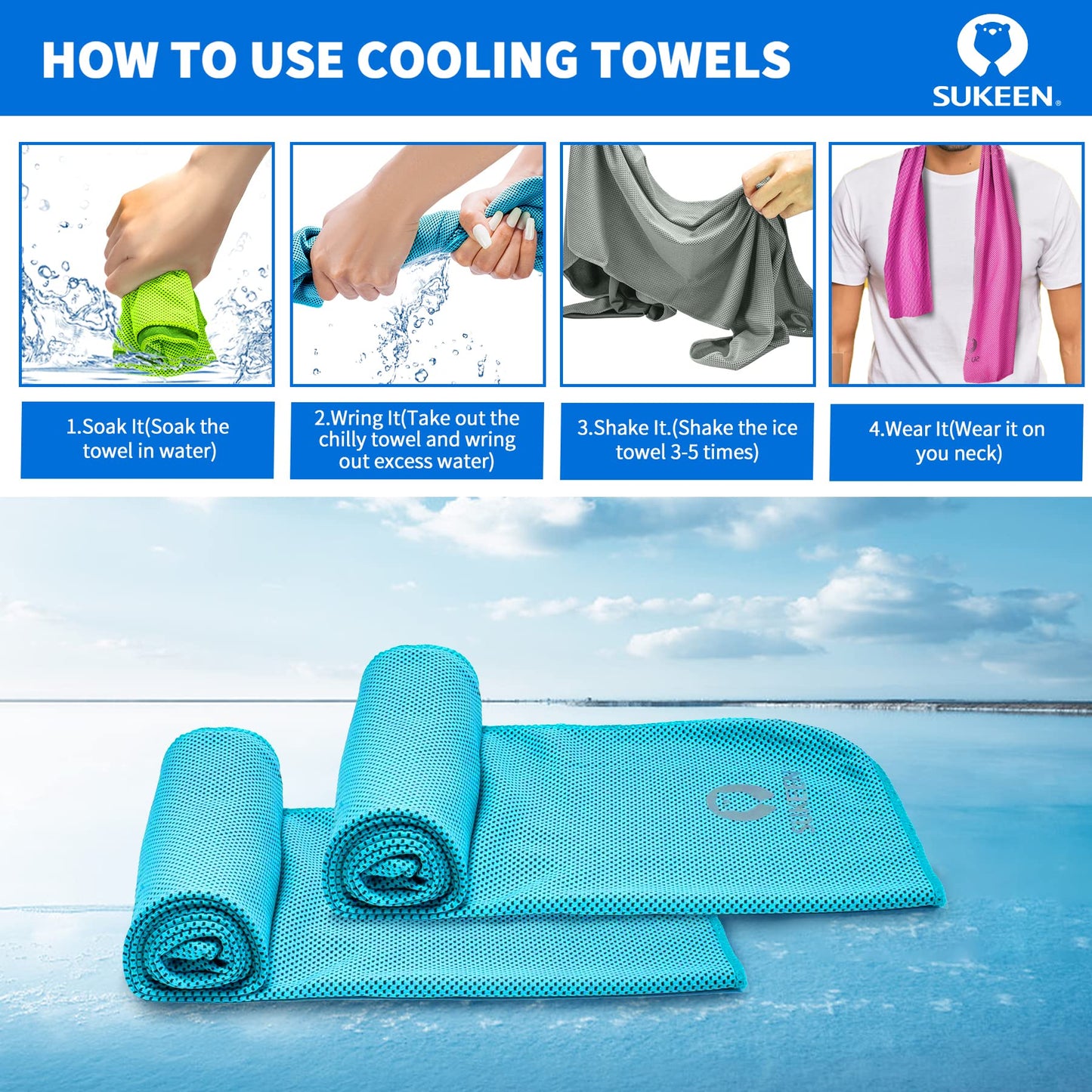 Sukeen [4 Pack Cooling Towel (40"x12"), Soft Breathable Chilly Microfiber Towel for Yoga,Sport,Running,Gym,Workout,Camping,Fitness,Workout & More Activities