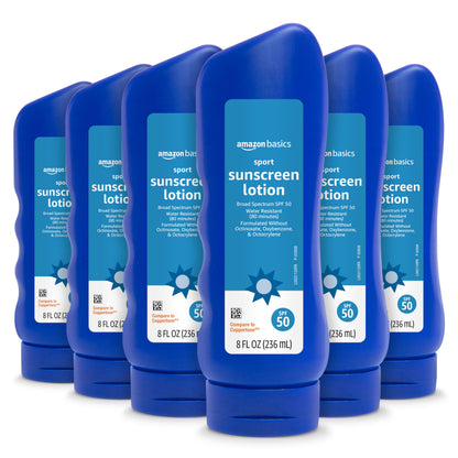 Amazon Basics Sport Sunscreen Lotion SPF 50, Water Resistant (80min), Formulated without Octinoxate & Oxybenzone, Broad Spectrum UVA/UVB Protection, 8 Fluid Ounce