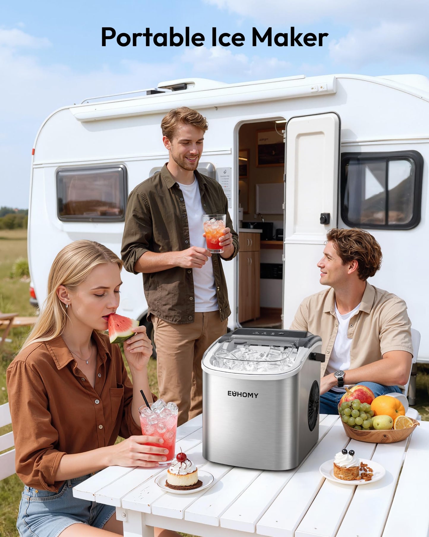EUHOMY Countertop Ice Maker Machine with Handle, 26lbs Per Day, 9 Ice Cubes Ready in 6 Mins, Auto-Cleaning Portable Ice Maker with Basket and Scoop, for Home/Kitchen/Camping/RV (Purple)