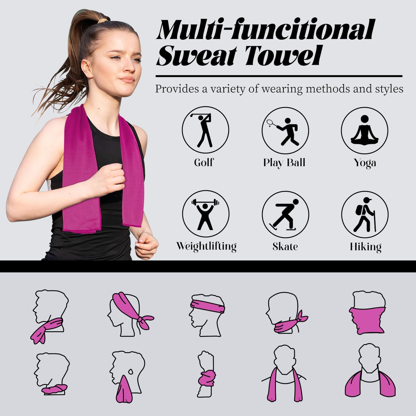 4 Pack Cooling Towels, Soft Breathable Cooling Towels for Neck and Face, Microfiber Gym Towels for Men and Women with Waterproof Bag & Carabiner, Sweat Towel for Yoga, Golf, Hiking, Running