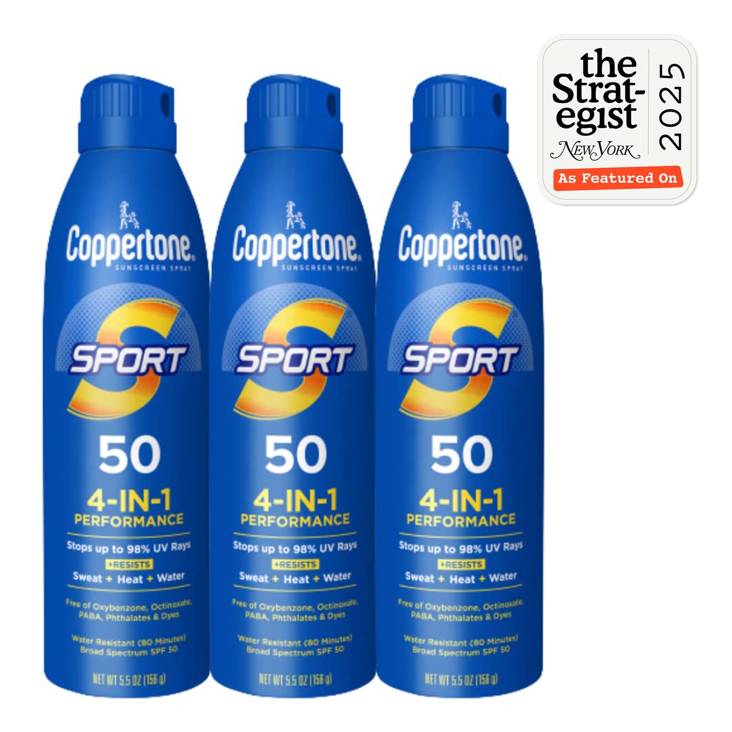 Coppertone Sport Sunscreen Spray SPF 50, Sweat, Heat and Water Resistant Sunblock, Lightweight, Oxybenzone Free, Spray Sunscreen Bulk Pack, 5.5 Oz Bottle, Pack of 3