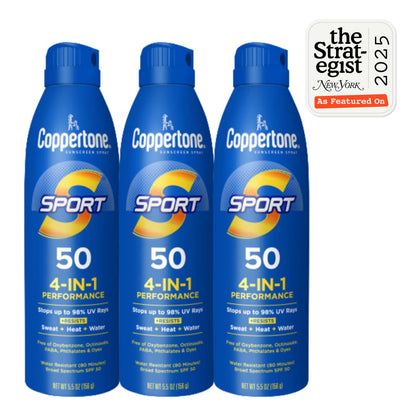 Coppertone Sport Sunscreen Spray SPF 50, Sweat, Heat and Water Resistant Sunblock, Lightweight, Oxybenzone Free, Spray Sunscreen Bulk Pack, 5.5 Oz Bottle, Pack of 3