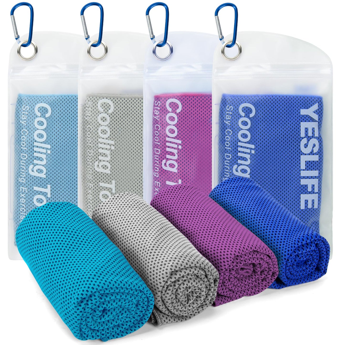 YESLIFE 4 Pack Cooling Towels (40"x12"), Gym Sweat Towels, Cooling Neck Wraps, Soft Breathable Microfiber Towels for Yoga, Running, Sport, Workout, Camping & More (Multicolor)
