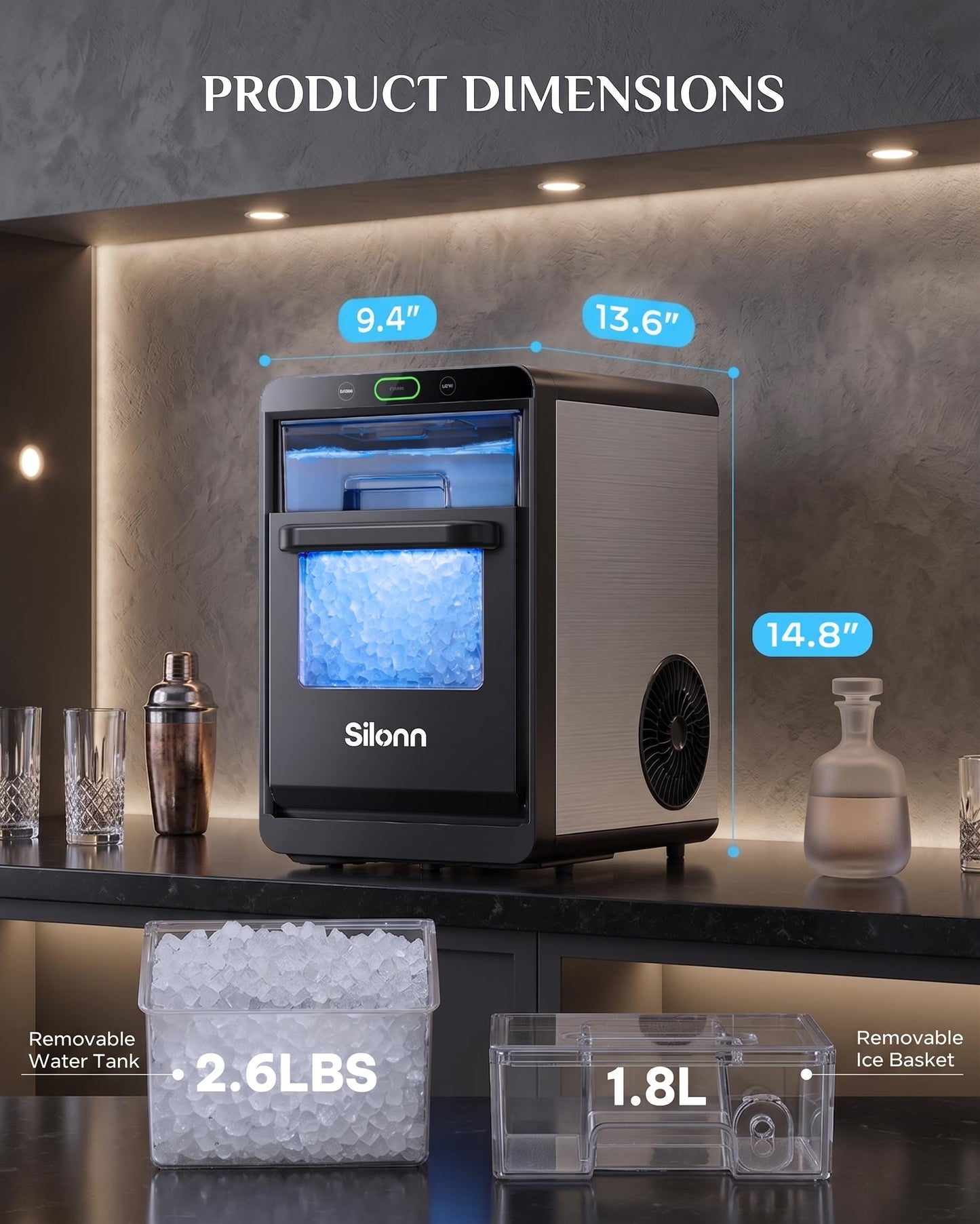 Silonn Ice Maker Countertop, Portable Ice Machine with Carry Handle, Self-Cleaning Ice Makers with Basket and Scoop, 9 Cubes in 6 Mins, 26 lbs per Day, Ideal for Home, Kitchen, Camping, RV