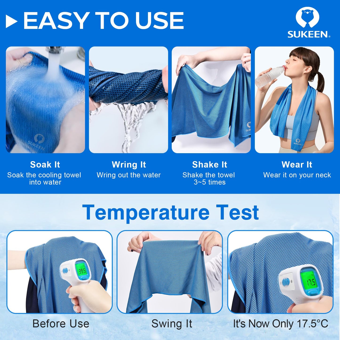 Sukeen 4 Pack Cooling Towels (40"x12"),Ice Towel,Soft Breathable Chilly Towel,Microfiber Towel for Yoga,Sport,Running,Gym,Workout,Camping,Fitness,Workout & More Activities