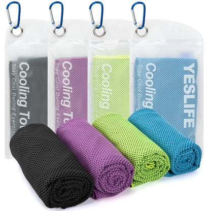 YESLIFE 4 Pack Cooling Towels (40"x12"), Gym Sweat Towels, Cooling Neck Wraps, Soft Breathable Microfiber Towels for Yoga, Running, Sport, Workout, Camping & More (Multicolor)
