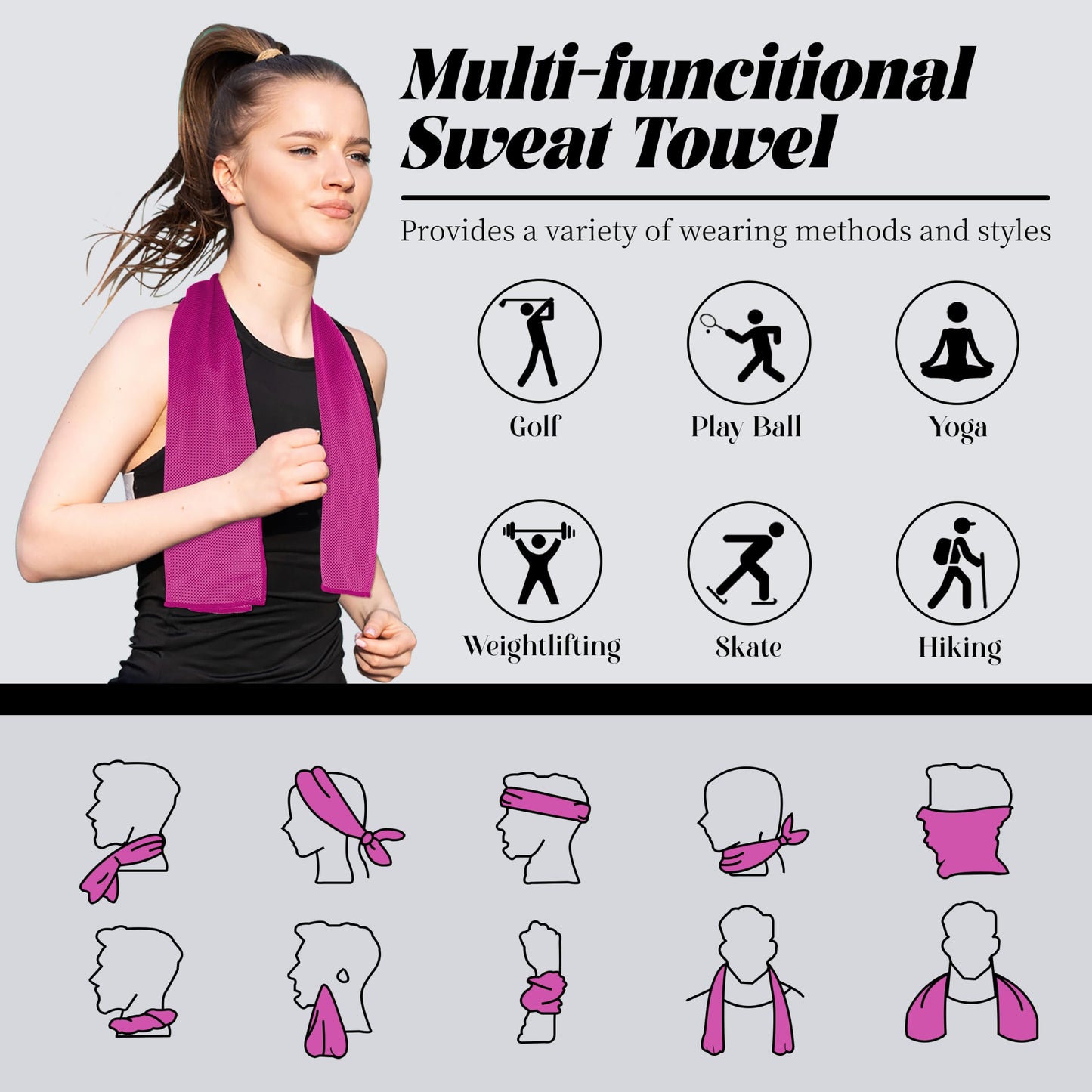 4 Pack Cooling Towels, Soft Breathable Cooling Towels for Neck and Face, Microfiber Gym Towels for Men and Women with Waterproof Bag & Carabiner, Sweat Towel for Yoga, Golf, Hiking, Running