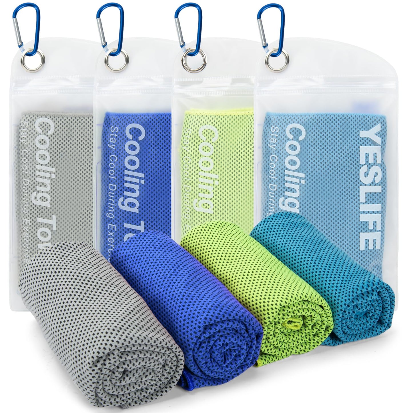 YESLIFE 4 Pack Cooling Towels (40"x12"), Gym Sweat Towels, Cooling Neck Wraps, Soft Breathable Microfiber Towels for Yoga, Running, Sport, Workout, Camping & More (Multicolor)