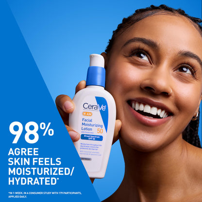 CeraVe AM Facial Moisturizing Lotion SPF 50, Face Moisturizer with SPF, Hyaluronic Acid, Niacinamide & Ceramides, Non-Greasy, Blends Seamlessly With No White Cast, Non Comedogenic Sunscreen, 3 Oz