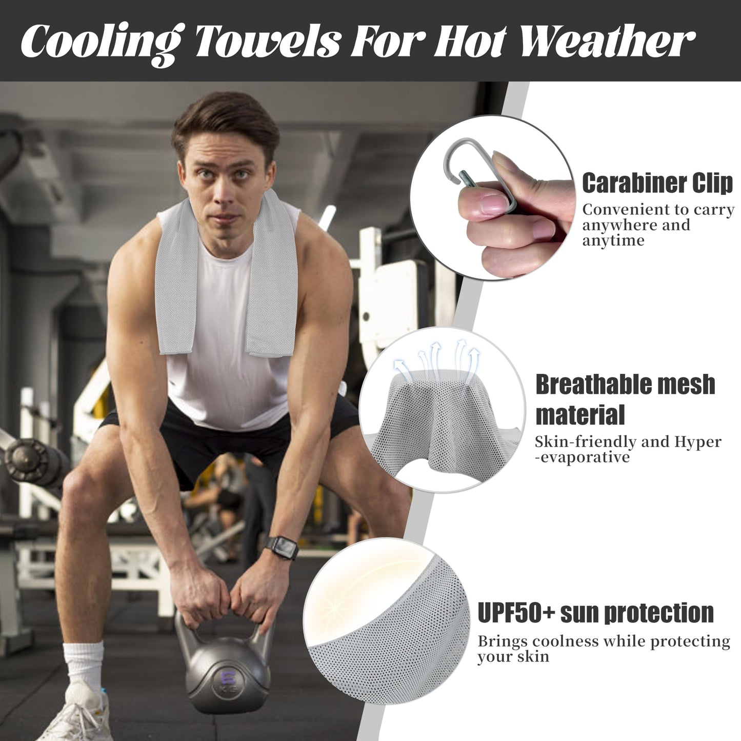 4 Pack Cooling Towels, Soft Breathable Cooling Towels for Neck and Face, Microfiber Gym Towels for Men and Women with Waterproof Bag & Carabiner, Sweat Towel for Yoga, Golf, Hiking, Running