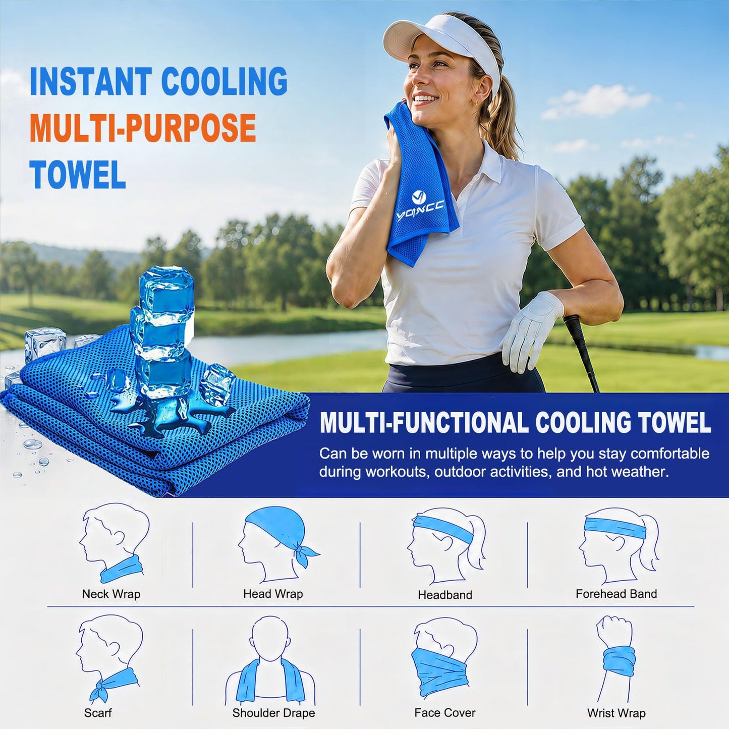 YQXCC 2 Pack Cooling Towels (47"x12"), Ice Cool Neck Towel, Soft Breathable Microfiber for Yoga, Golf, Gym, Running, Camping & Hot Weather