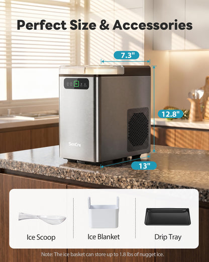 Nugget Ice Maker Countertop 40Lbs/24H Soft Chewable Ice Machine Pellet Crushed Ice Makers, One-Click Operation Auto Self-Cleaning Stainless Steel with Scoop for Home Kitchen Office, Grey