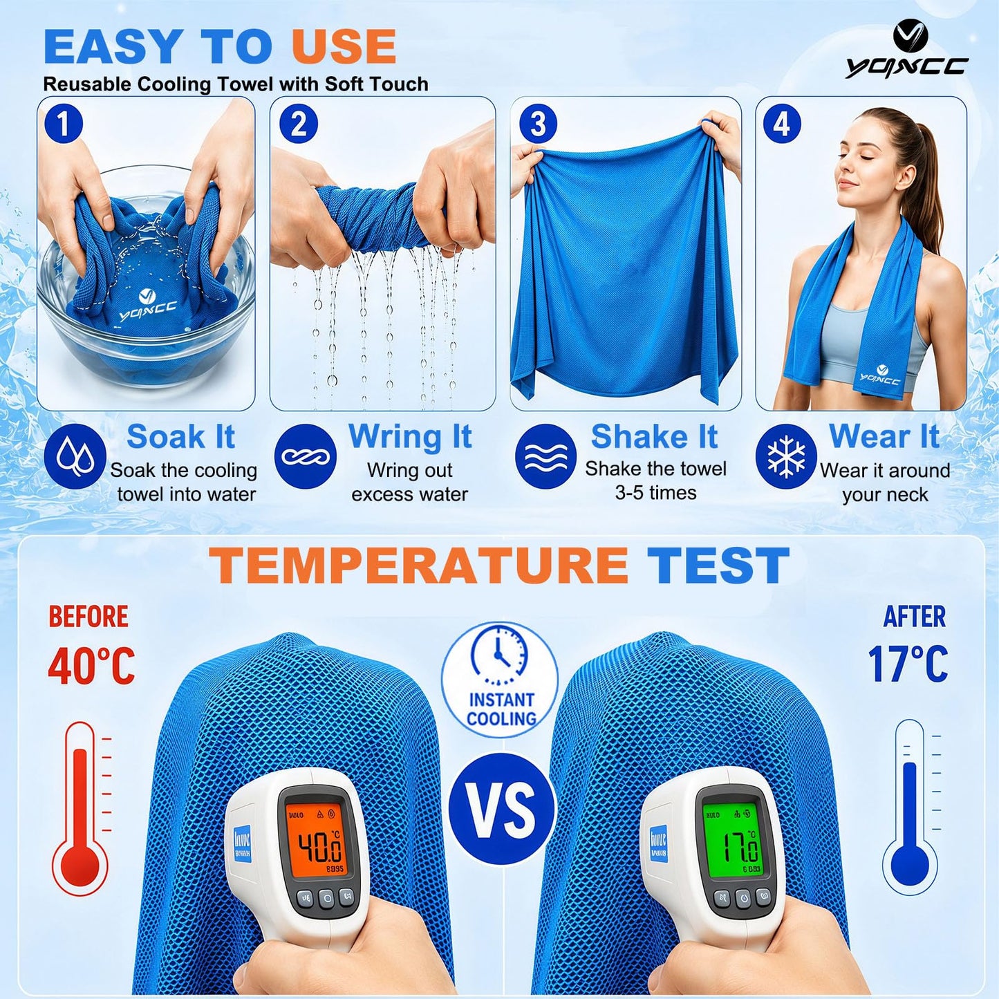 YQXCC 4 Pack Cooling Towels (40"x12"), Ice Cool Neck Towel, Soft Breathable Microfiber for Gym, Yoga, Golf, Running, Camping & All Hot Weather Activities